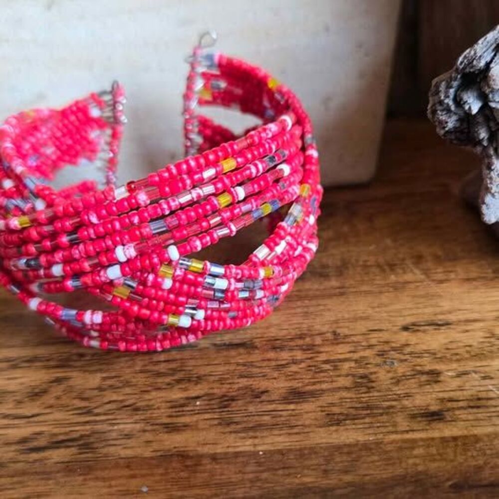 Red Seed Bead Memory Wire Cuff Bracelet Multistrand Boho Artisan